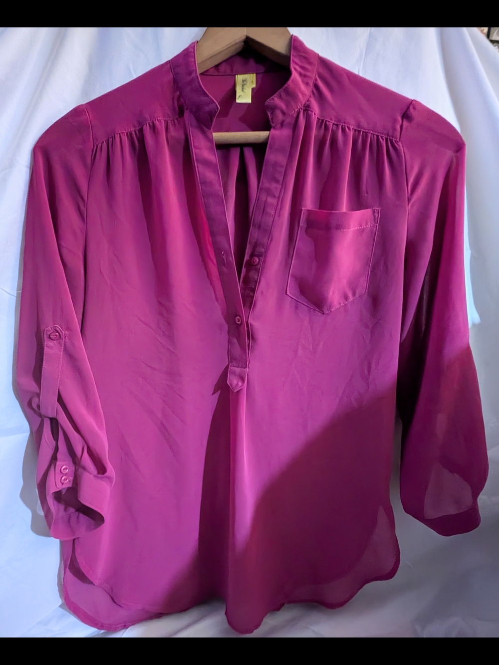 Relaxed Magenta Split-Neck Blouse with Chest Pocket